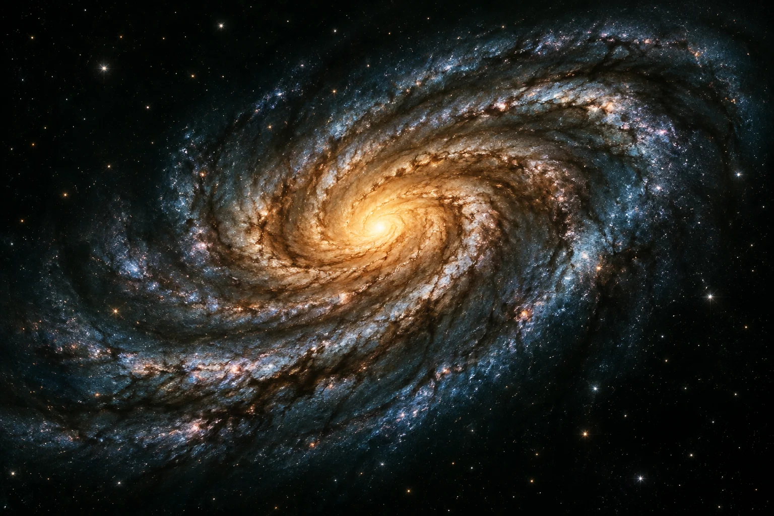 Vue d’artiste d’une galaxie spirale : cœur doré, bras bleus et bandes de poussière.